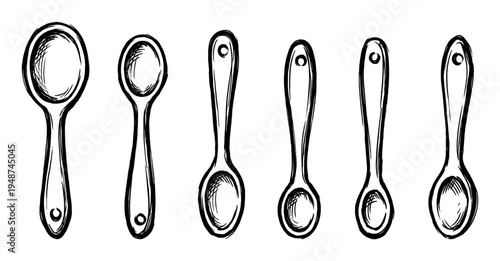 Hand-drawn sketch illustration of a set of six kitchen spoons with varying sizes arranged in a row.