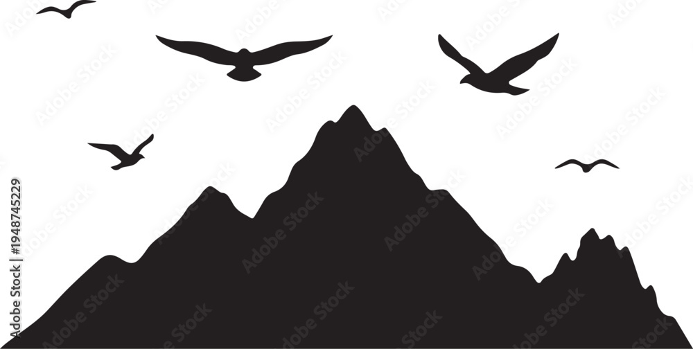 Fototapeta premium Black Silhouette of Birds Flying Over Mountain Peaks on White Background