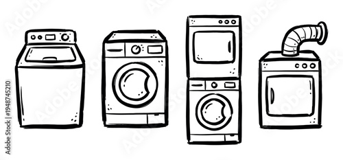 Hand-drawn illustrations of various washing machines and dryers for laundry and home appliances.
