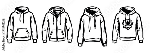 Hand-drawn sketch illustrations of various hooded sweatshirts, including zip-up and pullover styles.
