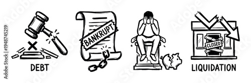 Set of hand-drawn icons illustrates the concepts of debt, bankruptcy, personal despair, and business liquidation.