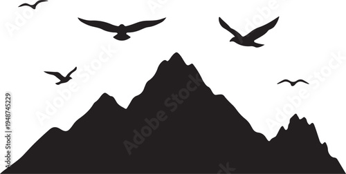 Black Silhouette of Birds Flying Over Mountain Peaks on White Background