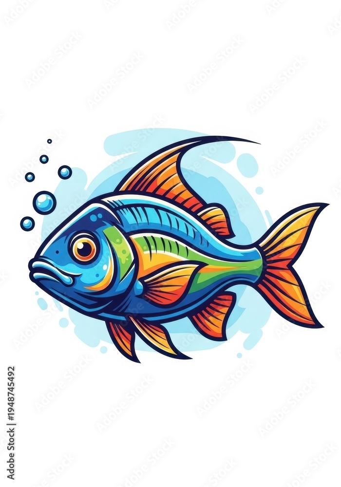 Fototapeta premium Vibrant Cartoon Fish Illustration with Bubbles and Details.