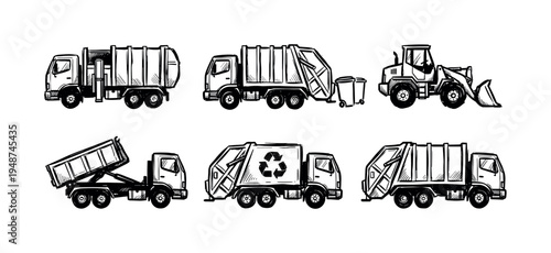 Hand-drawn collection of various waste management vehicles including garbage trucks, a recycling truck, and a front-end loader.