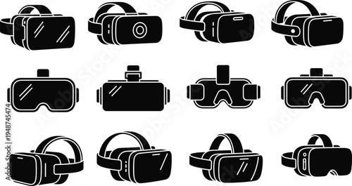 Virtual reality headset silhouette collection with VR goggles and immersive technology devices isolated vector set for gaming, metaverse, simulation and digital experience