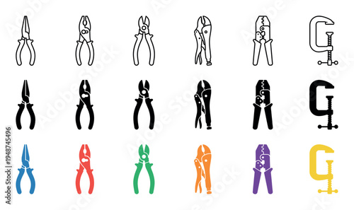 Diverse collection of various pliers and clamps presented in outline, solid, and colorful vector styles.