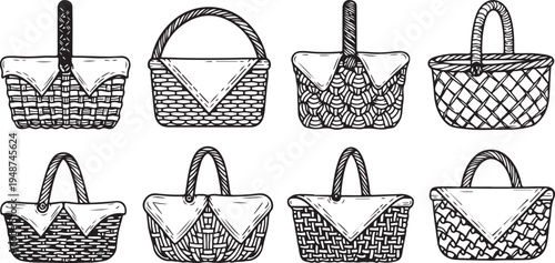 Assorted wicker baskets with different patterns and handles displayed in a grid layout Vector
