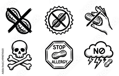 Collection of hand-drawn doodle style icons illustrating severe peanut allergy warnings and dangers.