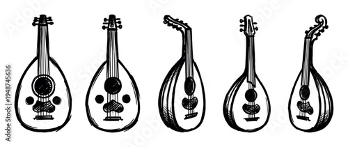 Five hand-drawn oud instruments in a row, showcasing traditional Middle Eastern stringed musical instruments.