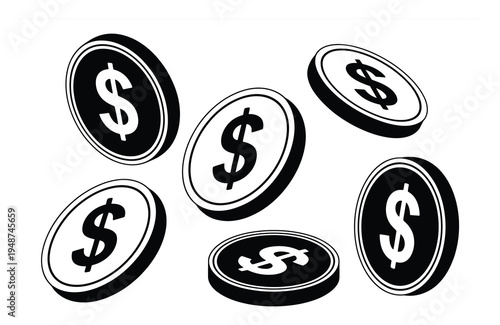 Black and White Dollar Coins Falling and Floating in a Dynamic Composition