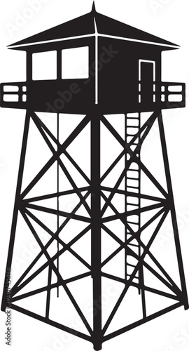 Fire Lookout Tower Silhouette Isolated on White Background