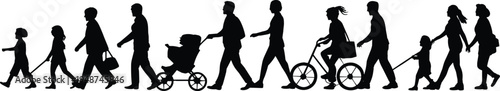 Black silhouette of diverse people walking outdoors, family with baby stroller, cyclist, and children walking in line, vector illustration set.