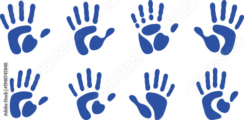 Blue Handprint Icon Set with Palm and Finger Print Shapes Abstract Hand Mark Symbols for Identity, Creativity, Art and Human Touch Concepts