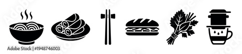 Collection of traditional Vietnamese food and drink icons, including pho, spring rolls, banh mi, and coffee, presented as black silhouettes.
