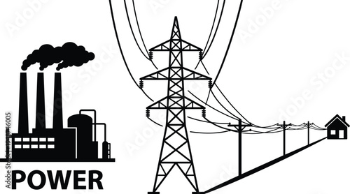 Electric power generation and transmission silhouette, power plant factory, high voltage tower lines supplying electricity to residential house vector illustration