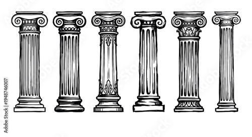 Row of classical architectural columns showcases various historical styles in a detailed sketch.