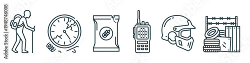 Diverse collection of line icons representing essential gear and concepts for survival, outdoor adventure, and emergency preparedness.