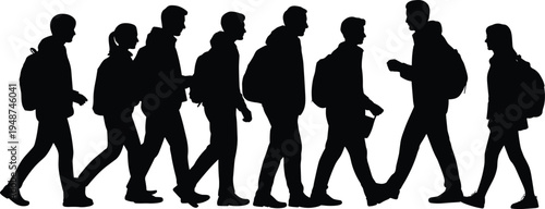 Group of diverse students carrying backpacks walking together to school or university campus, education lifestyle silhouettes isolated on white background.