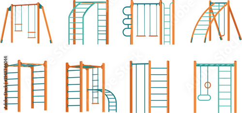 Kids Playground Equipment Icon Set with Swings, Monkey Bars, Climbing Frames and Slides Outdoor Play Park Elements for Children Recreation Design