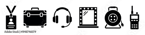 Collection of black silhouette icons representing various production and backstage equipment, including an ID badge, headset, and walkie-talkie.