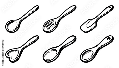 Collection of hand-drawn kitchen utensils including various spoons and a spatula, depicted in a simple black and white sketch style.