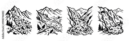 Hand-drawn illustrations depict various mountain natural disasters including rockfalls, landslides, and mudslides cascading down steep slopes.