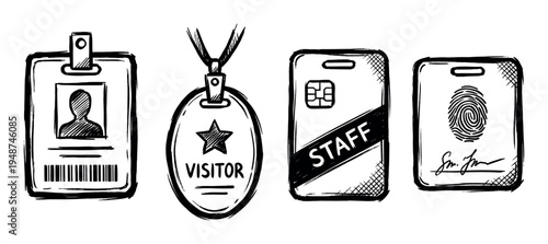 Identification badges hand-drawn sketch illustration featuring various access cards, including staff, visitor, and security ID passes.