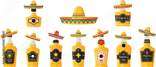 Mexican Tequila Bottle Icon Set with Sombrero Hats Colorful Fiesta Drink Symbols for Mexico Culture Celebration, Party Beverage and Bar Design