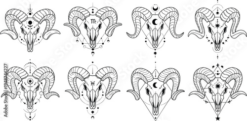Ram Skull Occult Illustration Set with Sacred Geometry, Moon Symbols and Mystic Tribal Elements Gothic Astrology Tattoo Style Line Art Collection