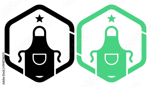 Simple apron icon in black and green inside hexagonal frames