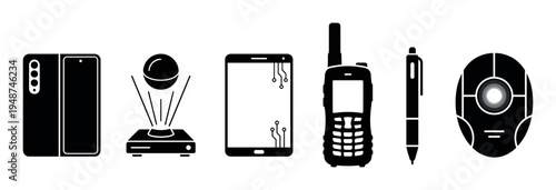 Collection of black silhouette icons depicting various modern and futuristic electronic devices such as a foldable smartphone, holographic projector, and smart pen.