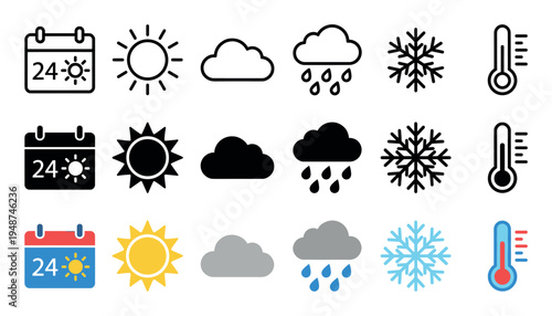 Set of weather forecast icons in three different styles, including sun, clouds, rain, snow, and a thermometer, suitable for various applications.