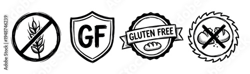 Hand-drawn gluten-free food allergy icons illustrate dietary restrictions and healthy eating choices for consumers.