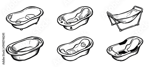 Collection of hand-drawn baby bathtubs and bathing accessories in a sketch style, illustrating different designs for infant care.