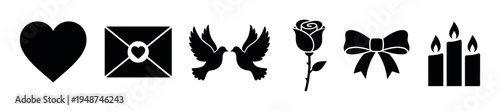 Collection of black silhouette icons representing romantic and celebratory symbols such as a heart, envelope, doves, rose, bow, and candles.