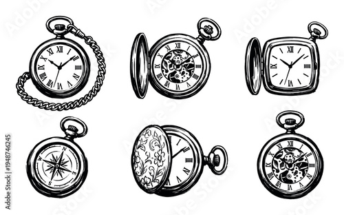 Set of vintage hand-drawn pocket watches and a compass, showcasing intricate details and classic timekeeping mechanisms.