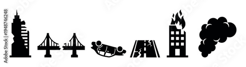 Disaster and destruction icons in black silhouette, featuring a ruined skyscraper, broken bridge, overturned vehicle, cracked pavement, burning building, and smoke.
