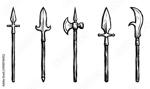Collection of five hand-drawn medieval polearms, including spears, a halberd, and a bill, displayed in a row.