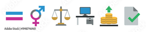 Diverse collection of colorful flat design icons representing concepts such as equality, gender, justice, work, finance, and approval.