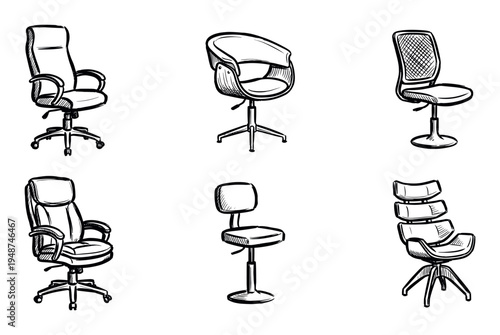 Collection of hand-drawn sketch illustrations depicting various modern office chairs and desk seating designs.
