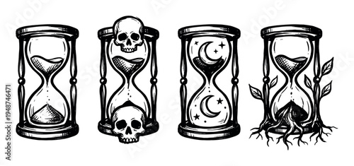 Collection of vintage hourglass illustrations featuring gothic, mystical, and natural elements like skulls, moon, and roots.