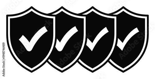 Four Black Shields with White Checkmarks, Symbolizing Security and Approval