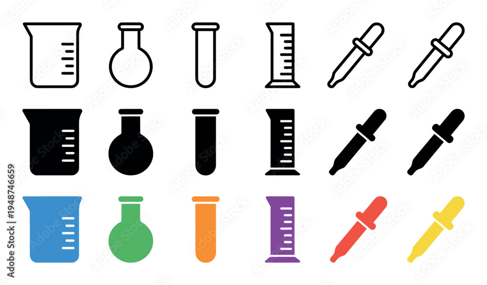 Obraz premium Collection of laboratory glassware and pipette icons in outline, solid, and colorful variations for scientific representation.