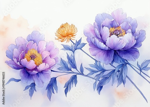 Delicate watercolor of two large purple peonies and a small golden chrysanthemum with blue leaves, soft pastel wash evoking a serene, dreamy elegance