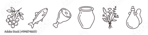 Minimalist line art illustration featuring a diverse collection of food and cooking ingredients, including berries, fish, meat, a pot, herbs, and a bottle of oil.