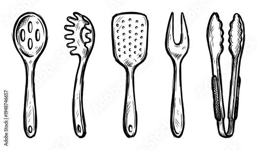 Hand-drawn sketch of various kitchen utensils including a slotted spoon, spaghetti server, spatula, carving fork, and tongs.