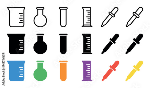 Collection of laboratory glassware and pipette icons in outline, solid, and colorful variations for scientific representation.
