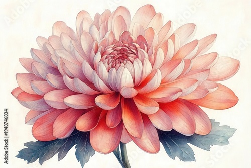 large soft pink and coral chrysanthemum with layered petals and blue-green leaves, delicate elegant botanical bloom conveying calm serenity