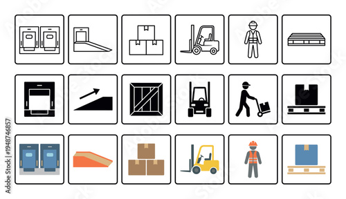 Collection of logistics and warehouse icons depicting various elements like forklifts, workers, and shipping boxes.