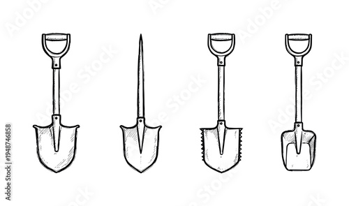 Set of four hand-drawn shovel illustrations, showcasing various types of digging tools with distinct blade and handle designs.